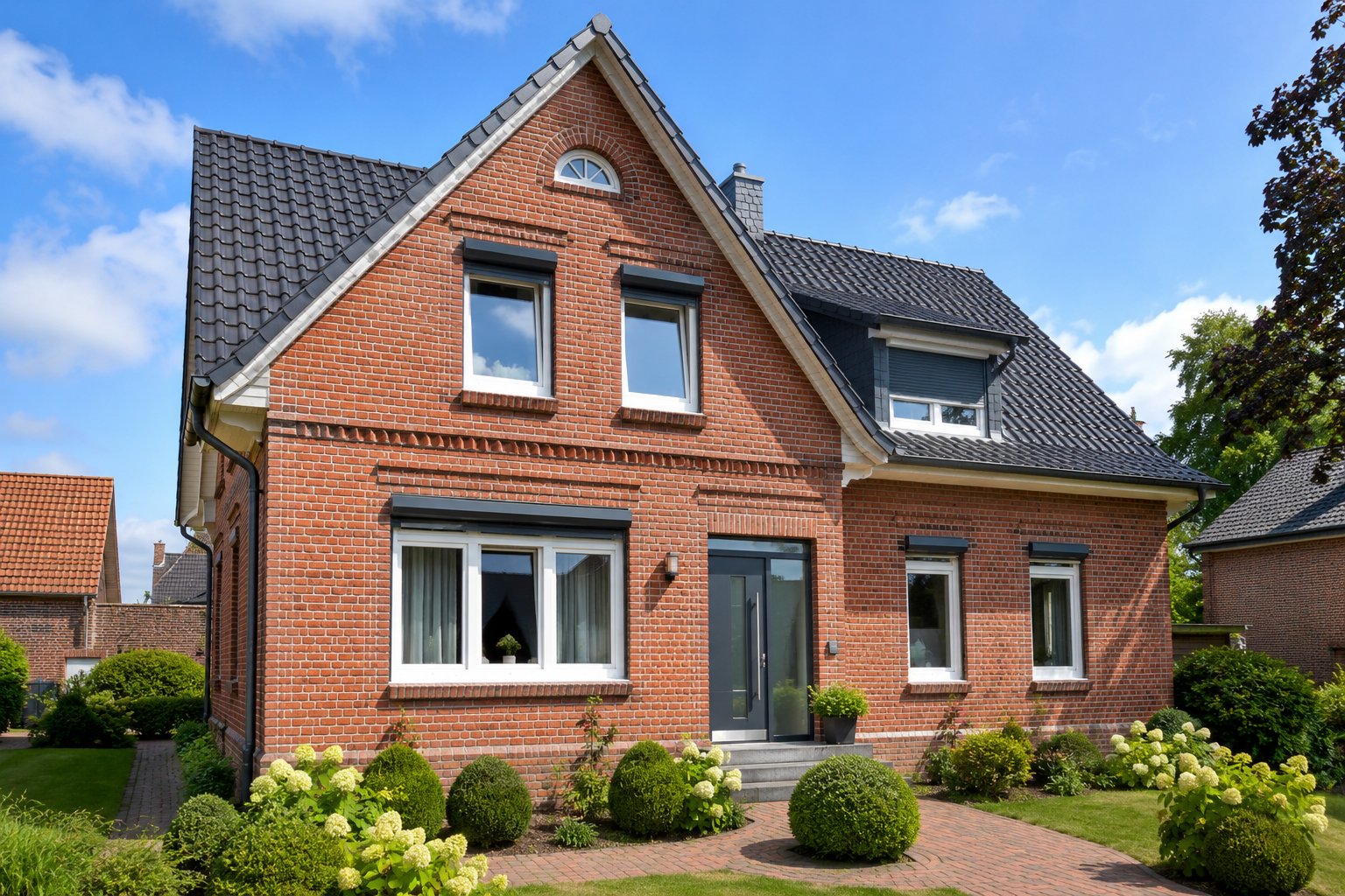 Klinkerhaus-Sanierung in Meldorf — neue anthrazitfarbene Fenster und Haustür